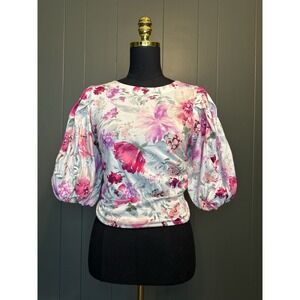 NWT Express Floral Puff Sleeve Tie Back‎ Top S Small Cotton
